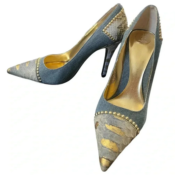 Baby Phat Shoes - RARE BABY PHAT SNAKE LEATHER DENIM STUDDED POINTED TOE PUMPS